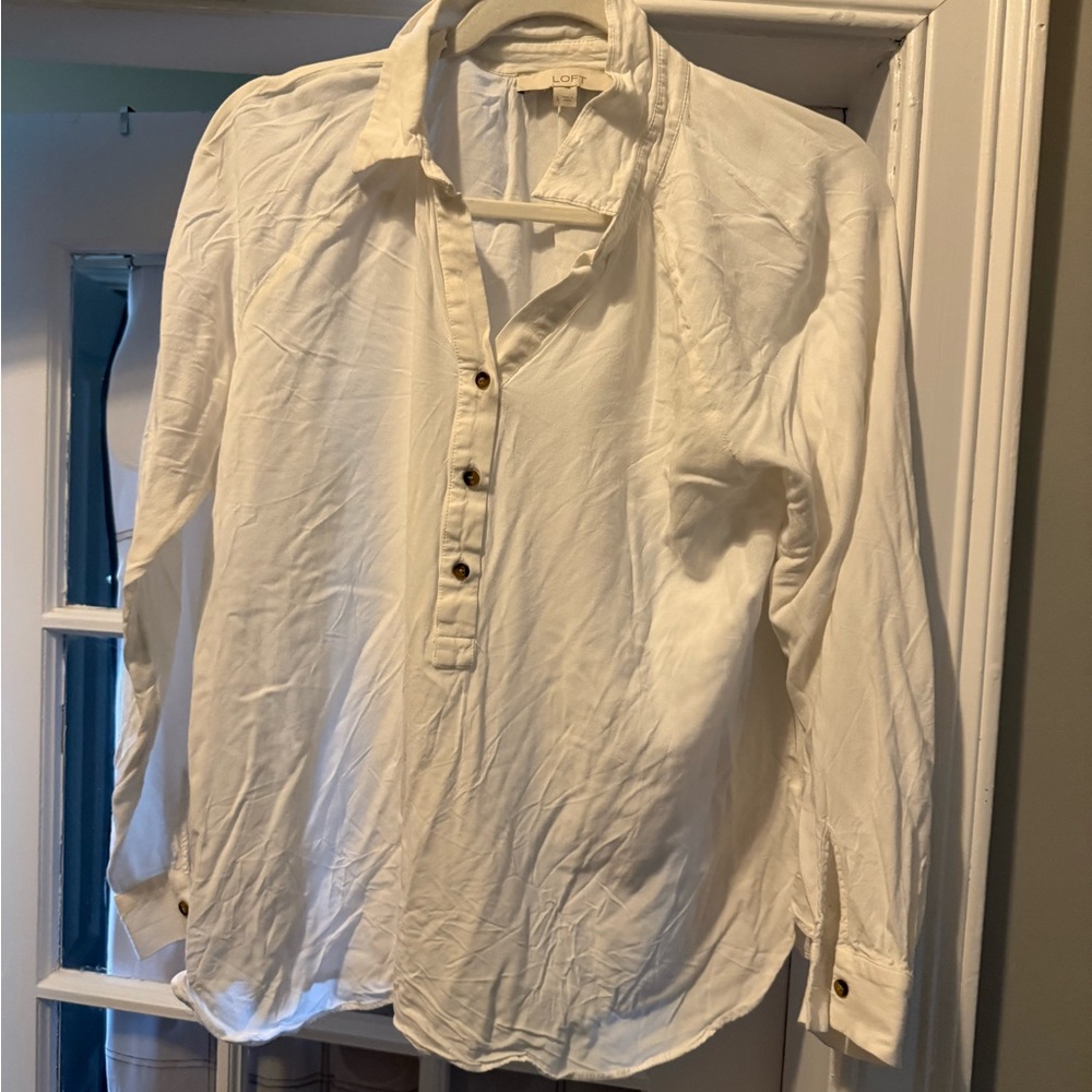 LOFT White Long-Sleeve Popover Shirt